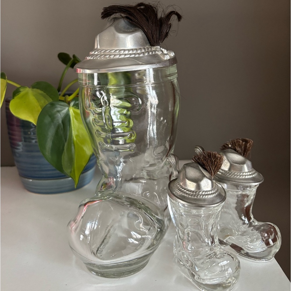 Vintage Glass & Pewter Boots. Stein and shot steins.